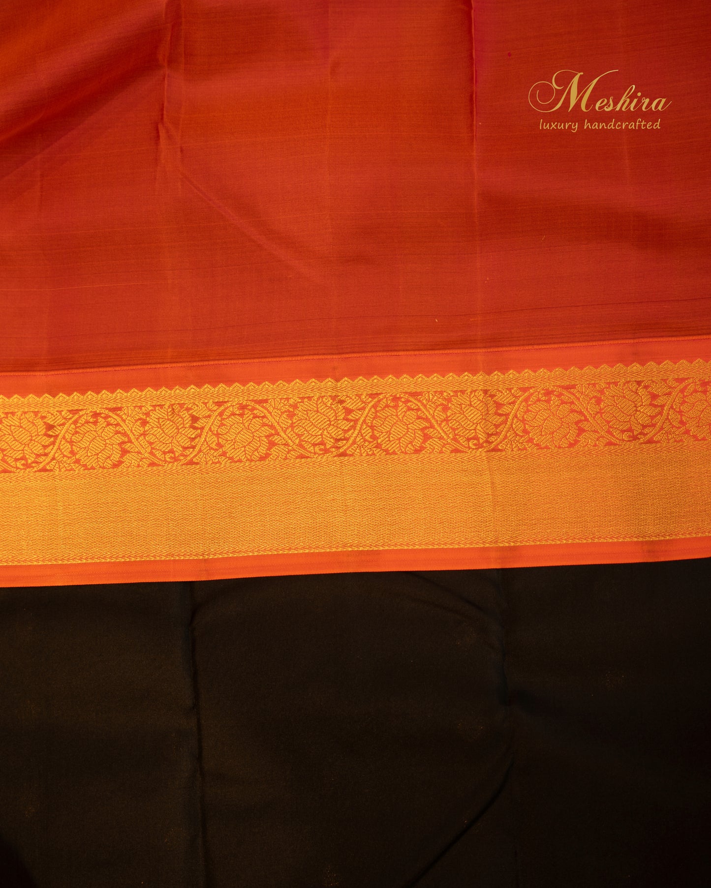 Ink blue Kanchivaram with Gold Buttas and Burnt Orange Brilliance