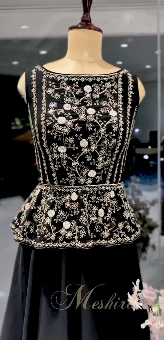 Black Peplum Gown with Ivory Embroidery