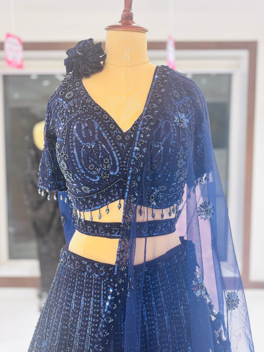 Midnight blue sequin bridal lehenga