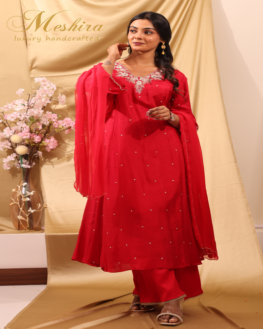 Scarlet Bloom Hand Embroidered Suit Set