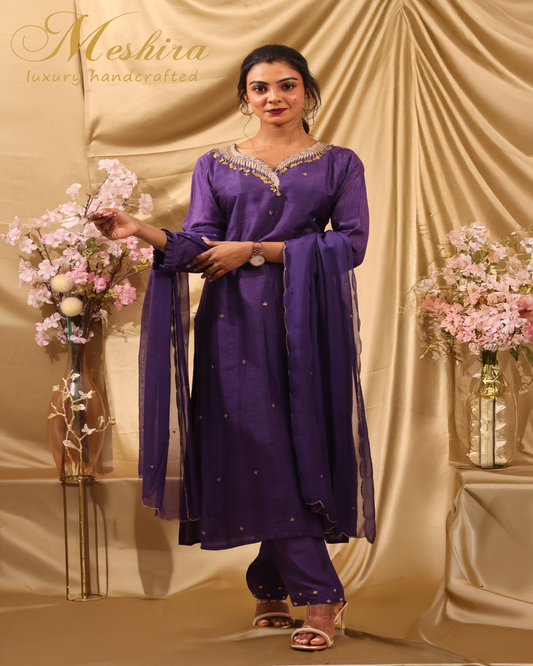 Regal Purple Suit with Golden Neckline