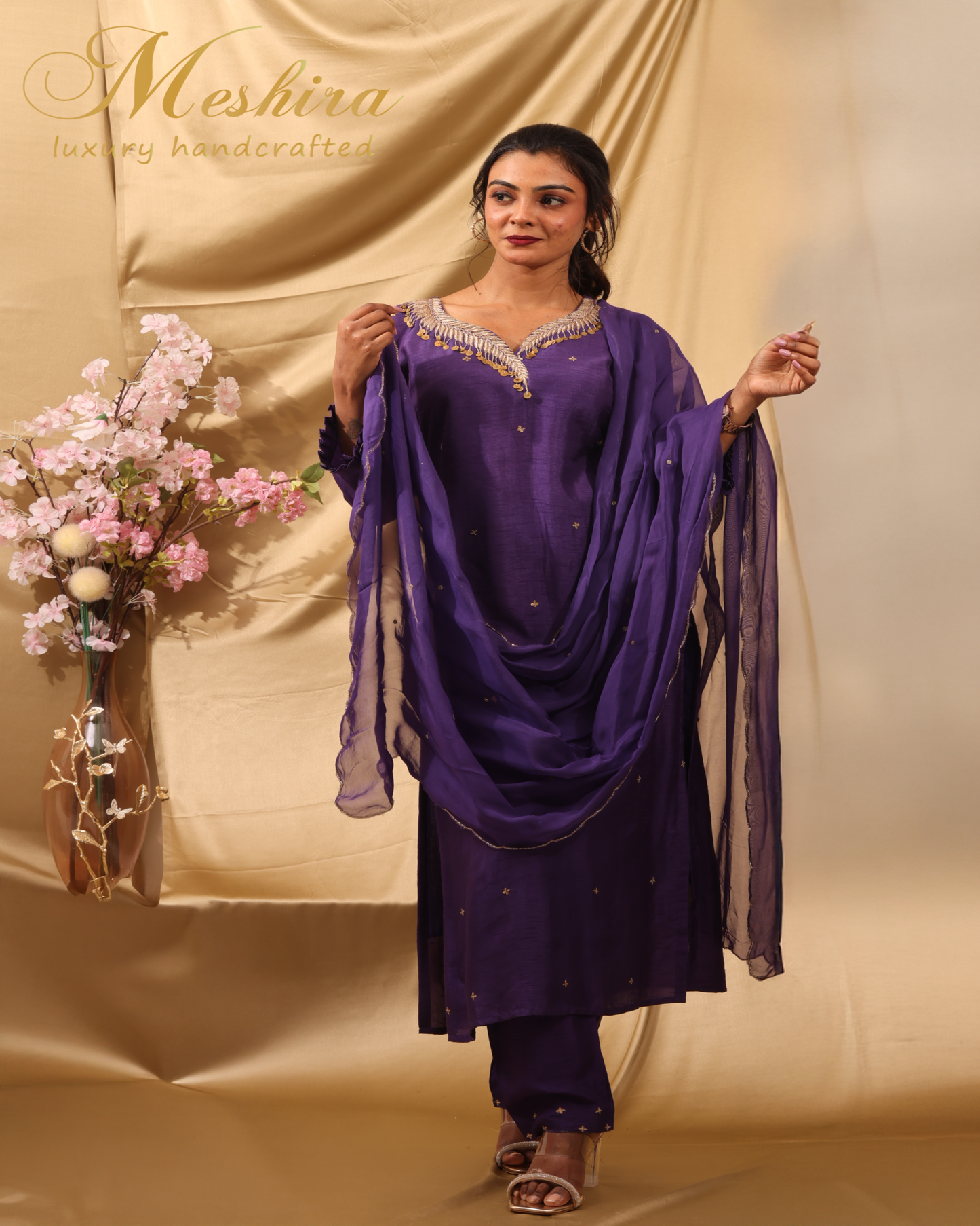 Regal Purple Suit with Golden Neckline