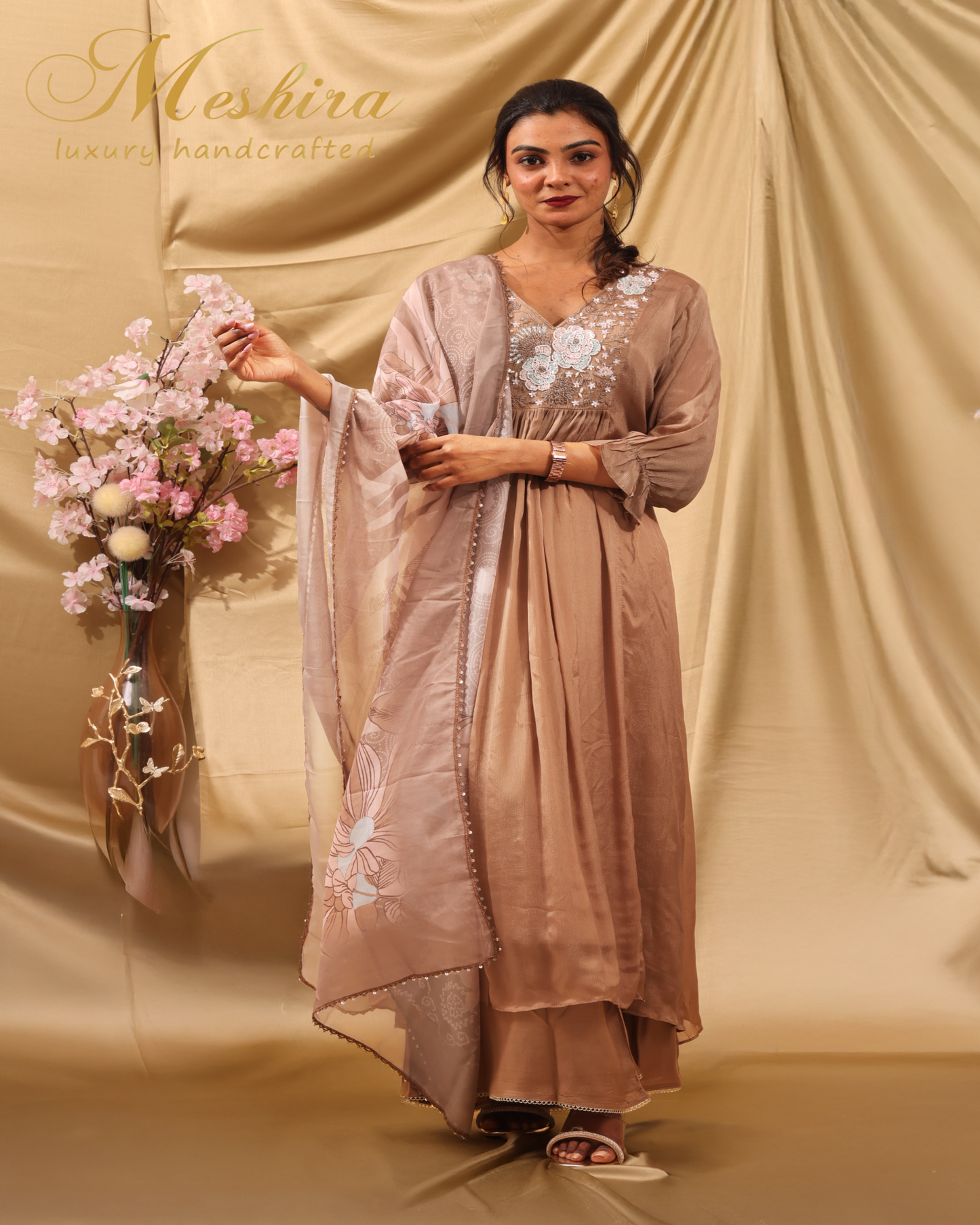 Graceful Mocha Brown Anarkali with Floral Embroidery