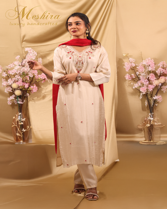 Elegant Cream Kurta Set with Red Embroidery
