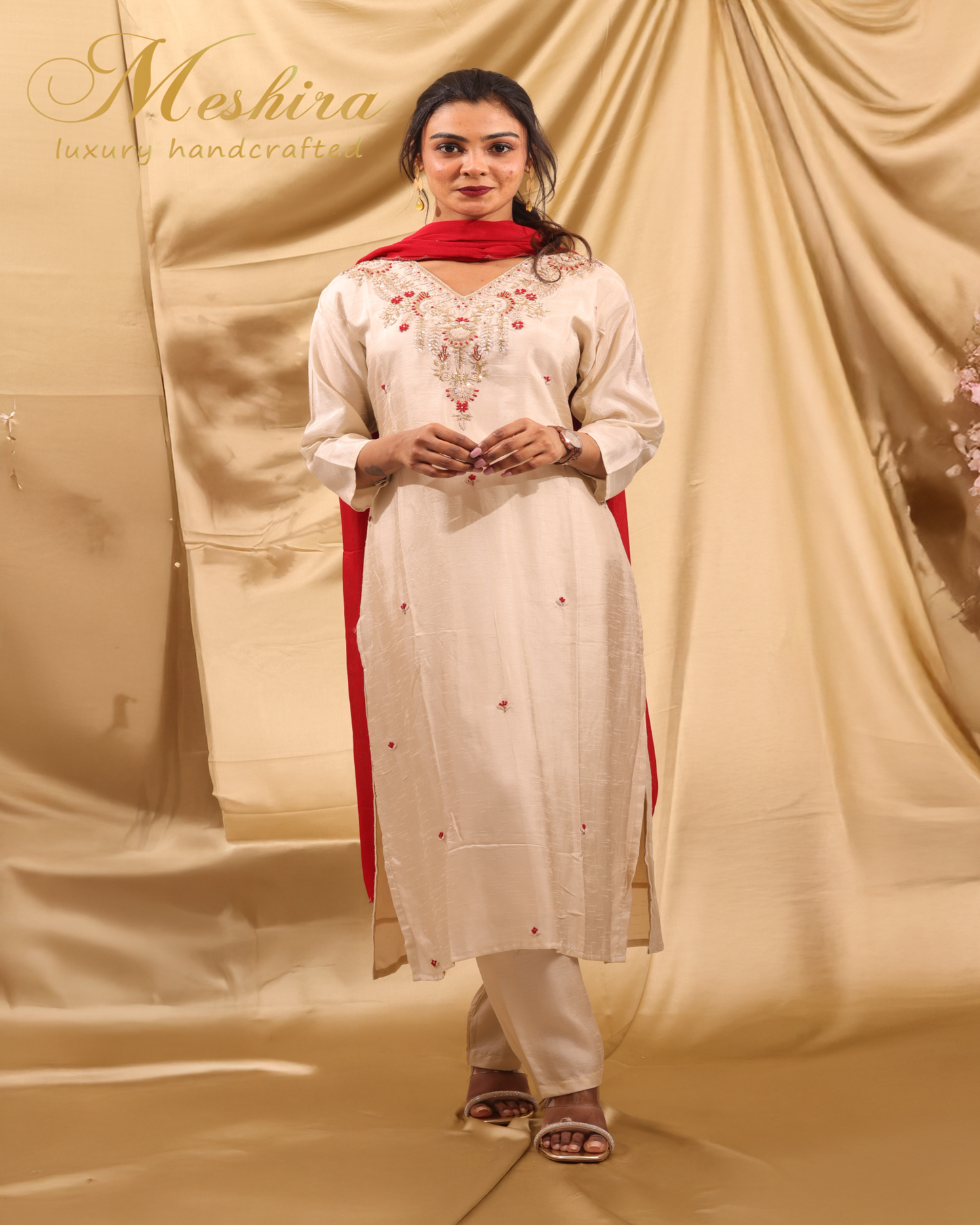 Elegant Cream Kurta Set with Red Embroidery
