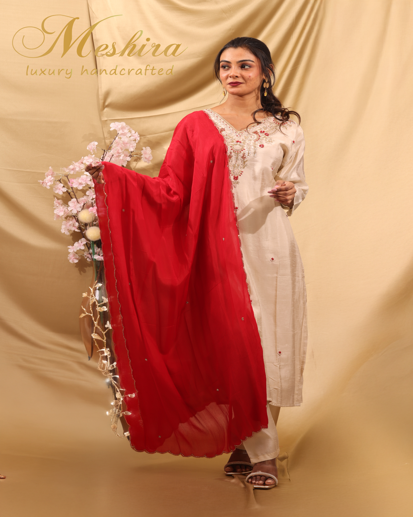 Elegant Cream Kurta Set with Red Embroidery
