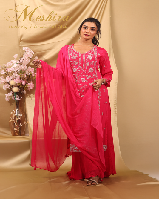 Vibrant Hot Pink Embroidered Sharara Suit