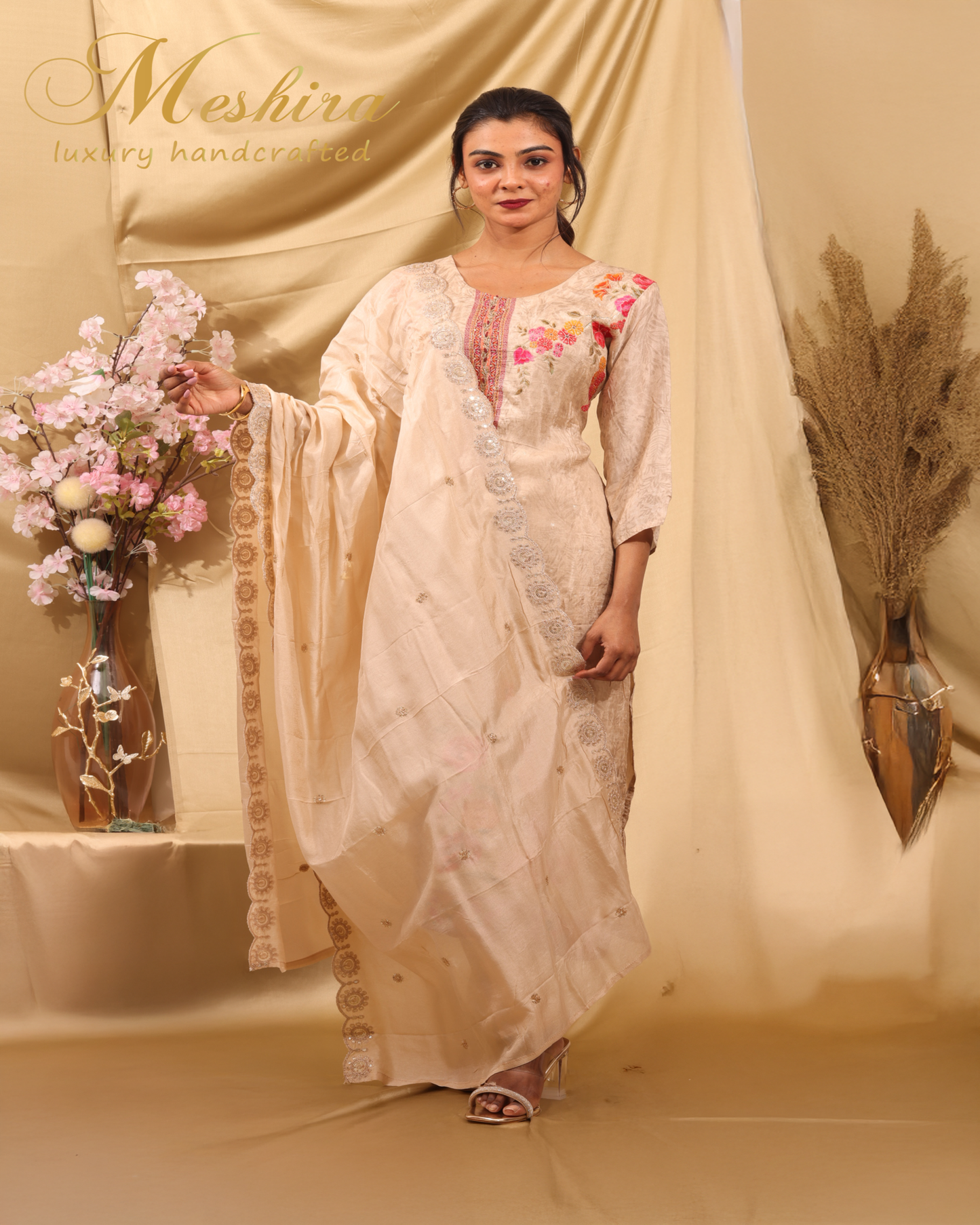 Charming Cream Floral Embroidered Outfit