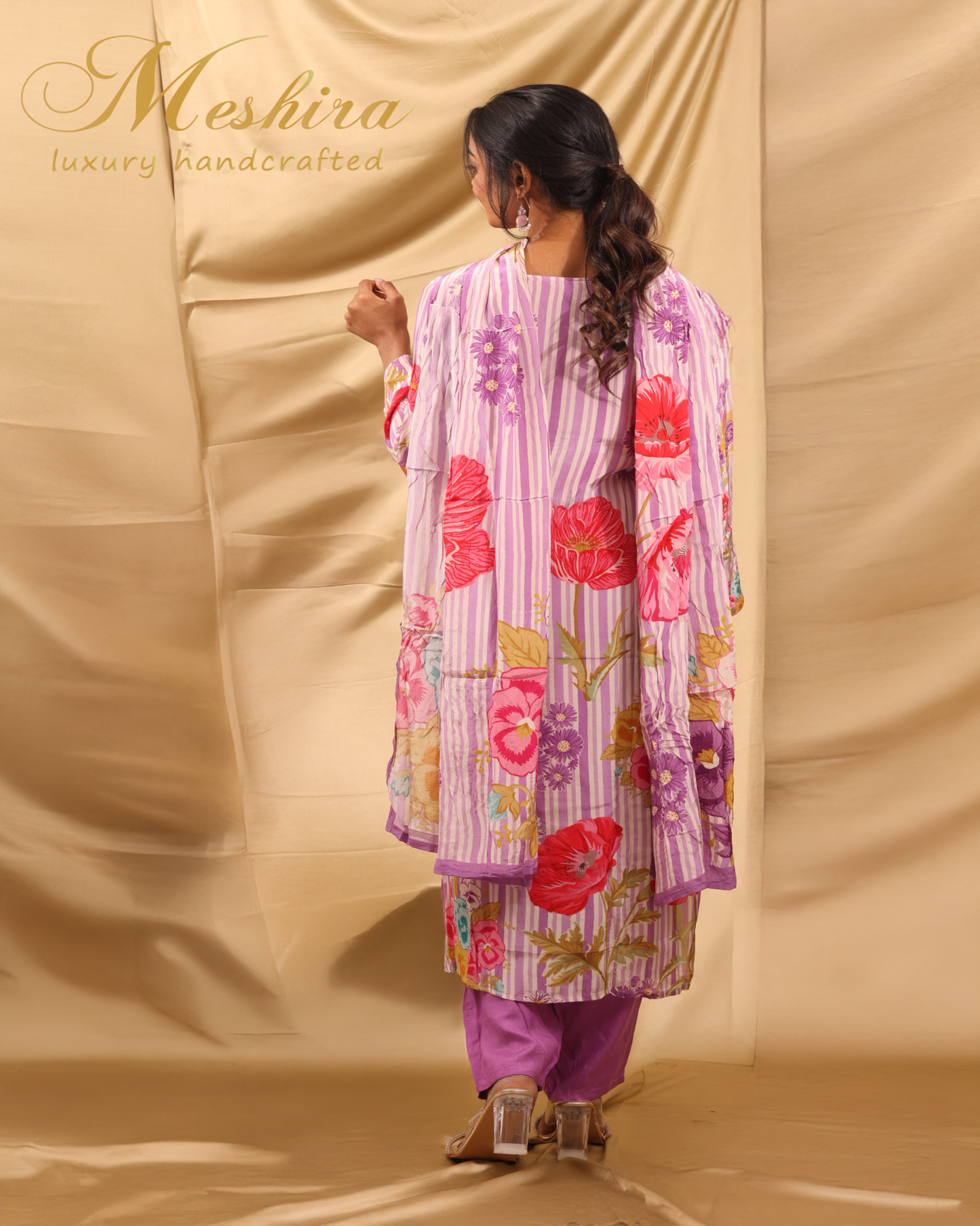 Chic Lavender Striped & Floral Printed Kurta Set