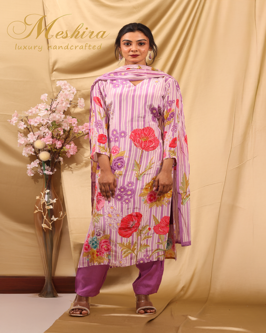 Chic Lavender Striped & Floral Printed Kurta Set