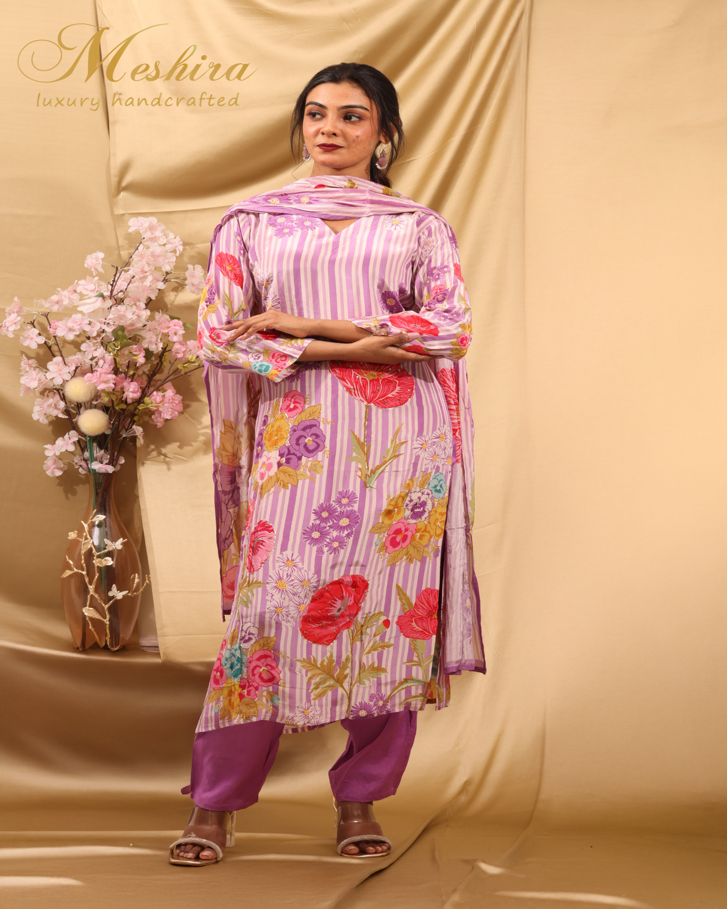 Chic Lavender Striped & Floral Printed Kurta Set