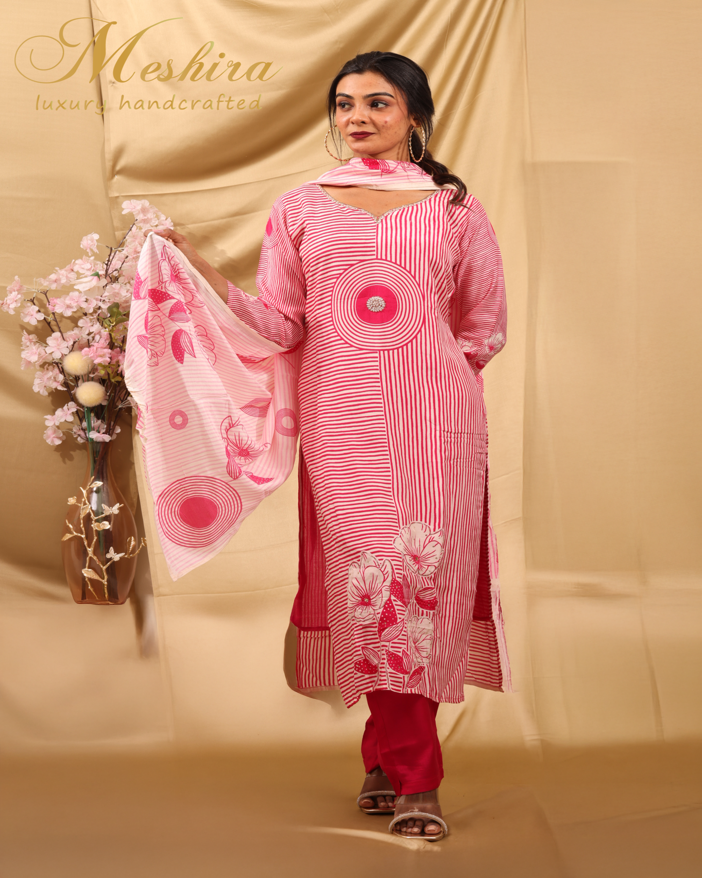 Chic Red & White Striped Kurta Set