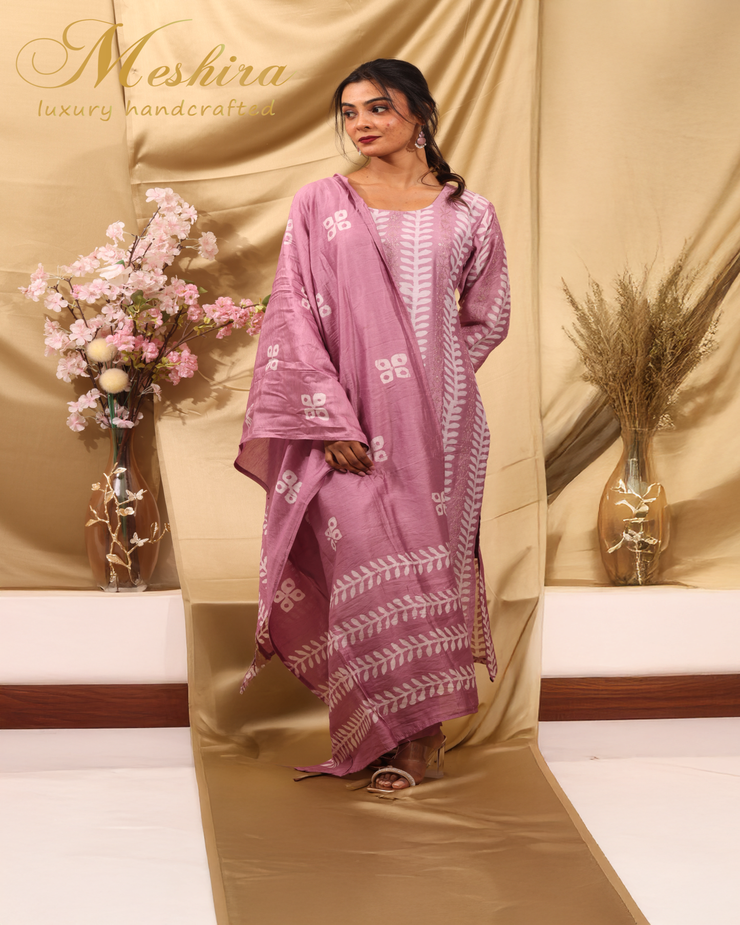 Printed Mauve Cotton Kurta Set