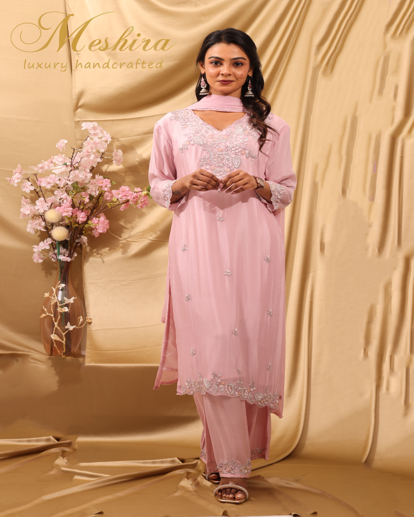 Blush Pink Pearl Embroidered Suit Set