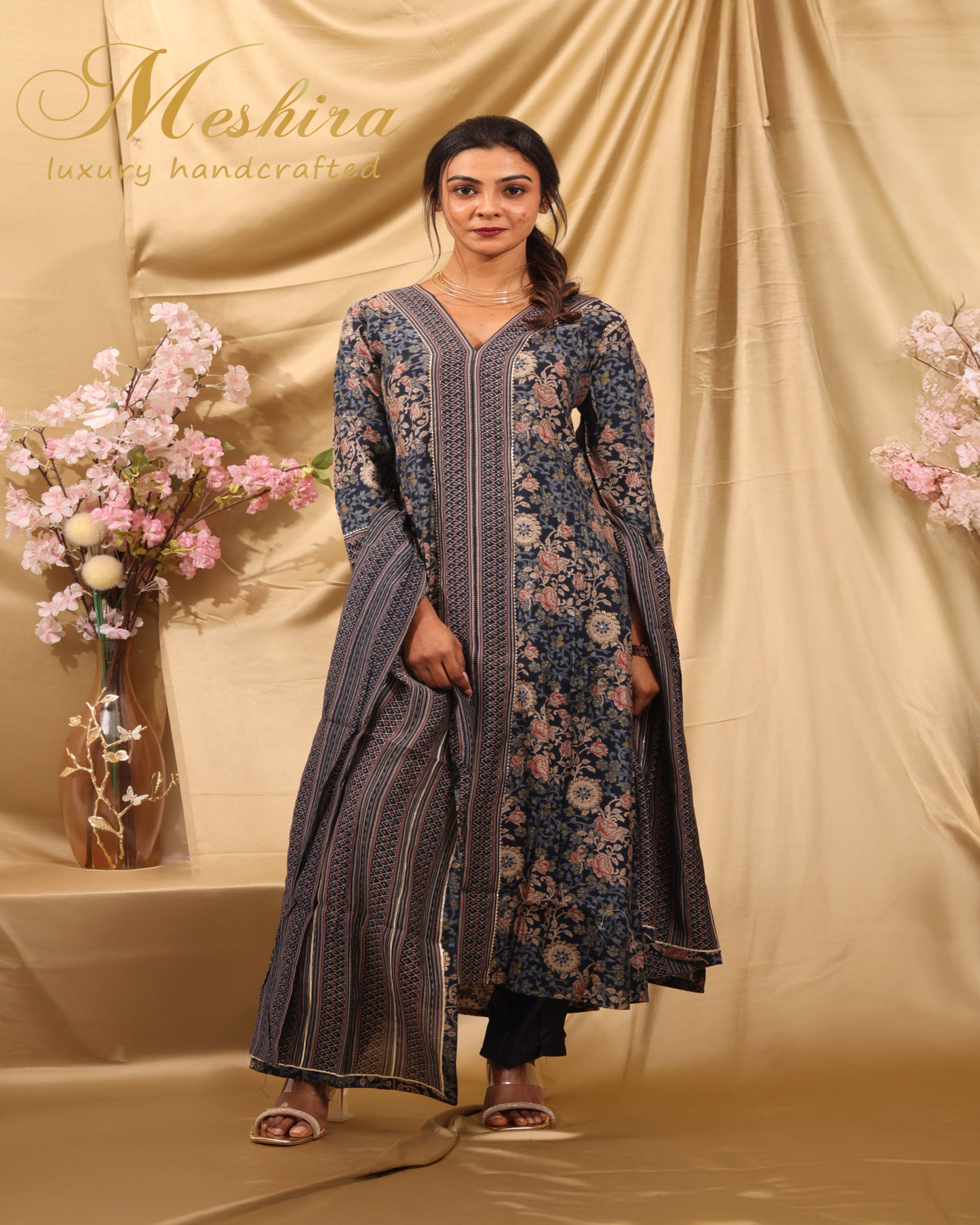 Navy Floral Printed Kurta Set