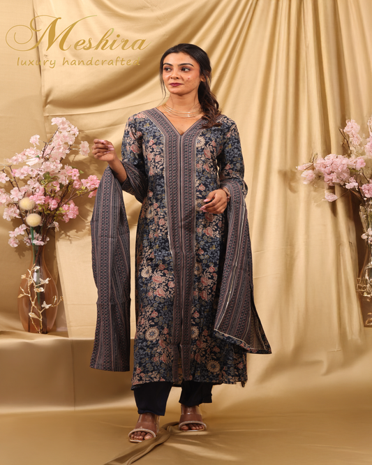Navy Floral Printed Kurta Set