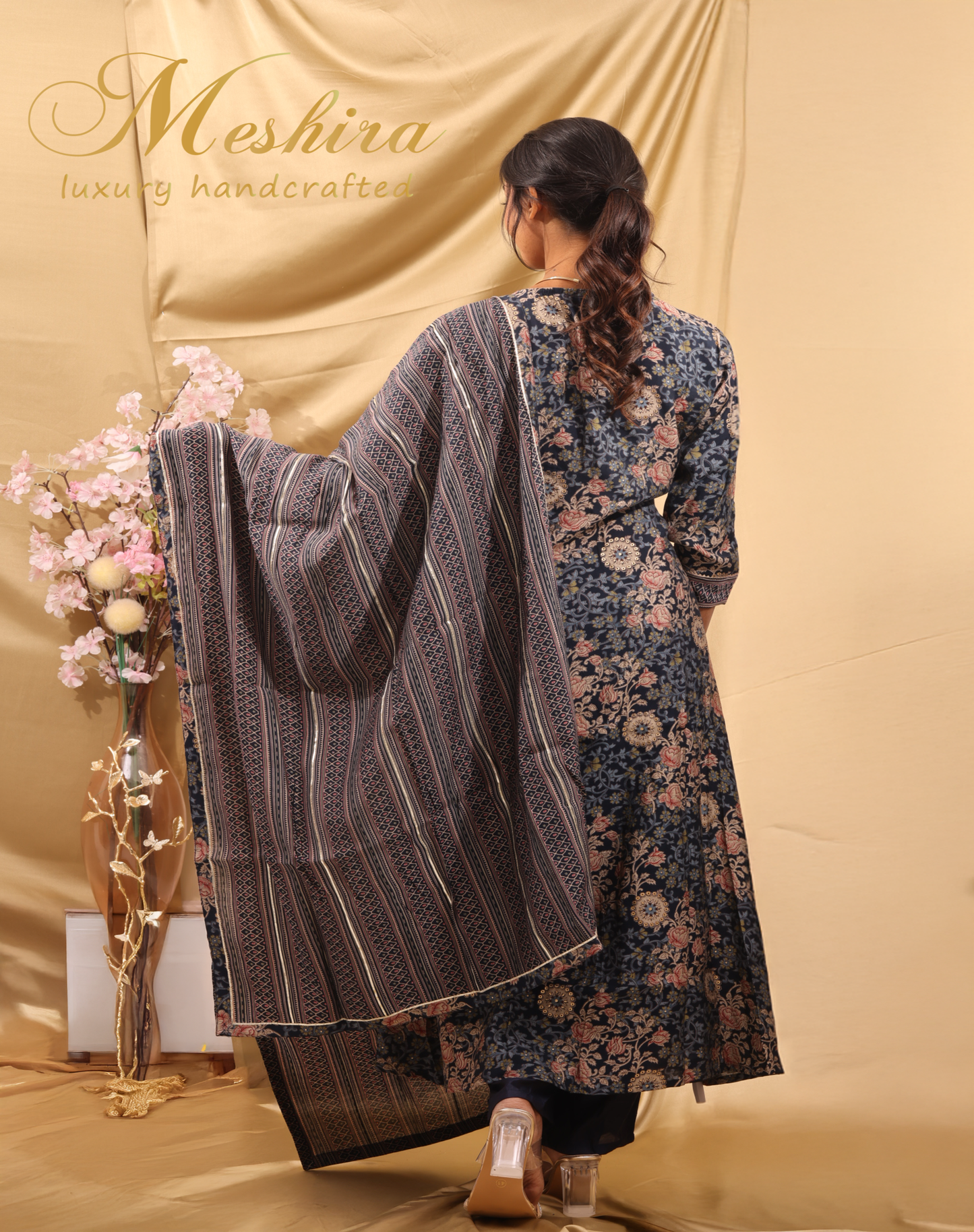 Navy Floral Printed Kurta Set