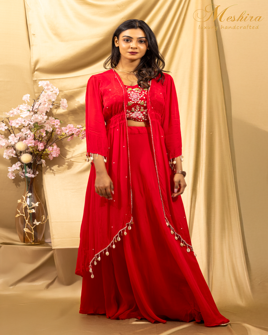Red Embroidered Cape Co-Ord Set