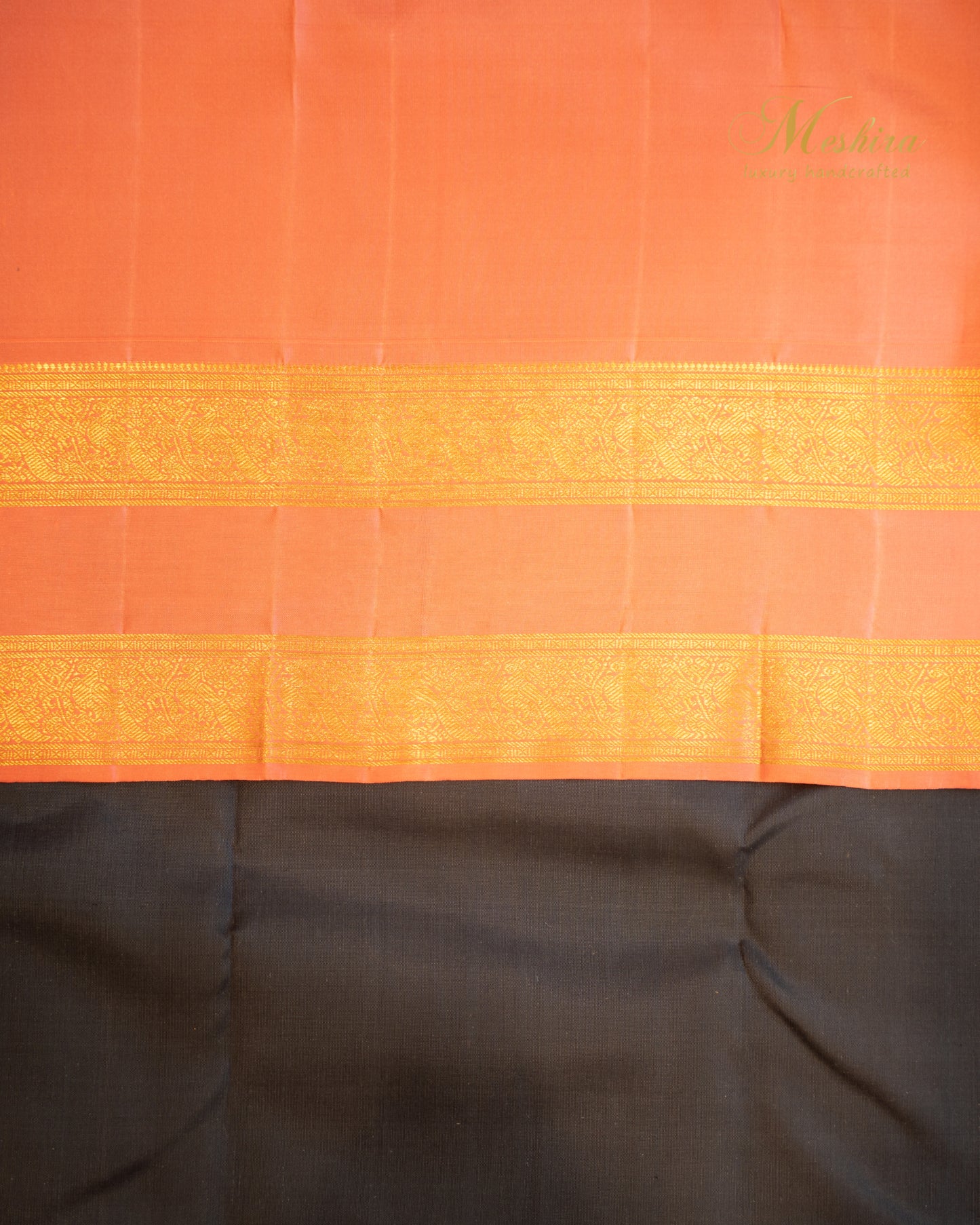 Ebony Black with Coral Orange Kanchivaram Silk Saree