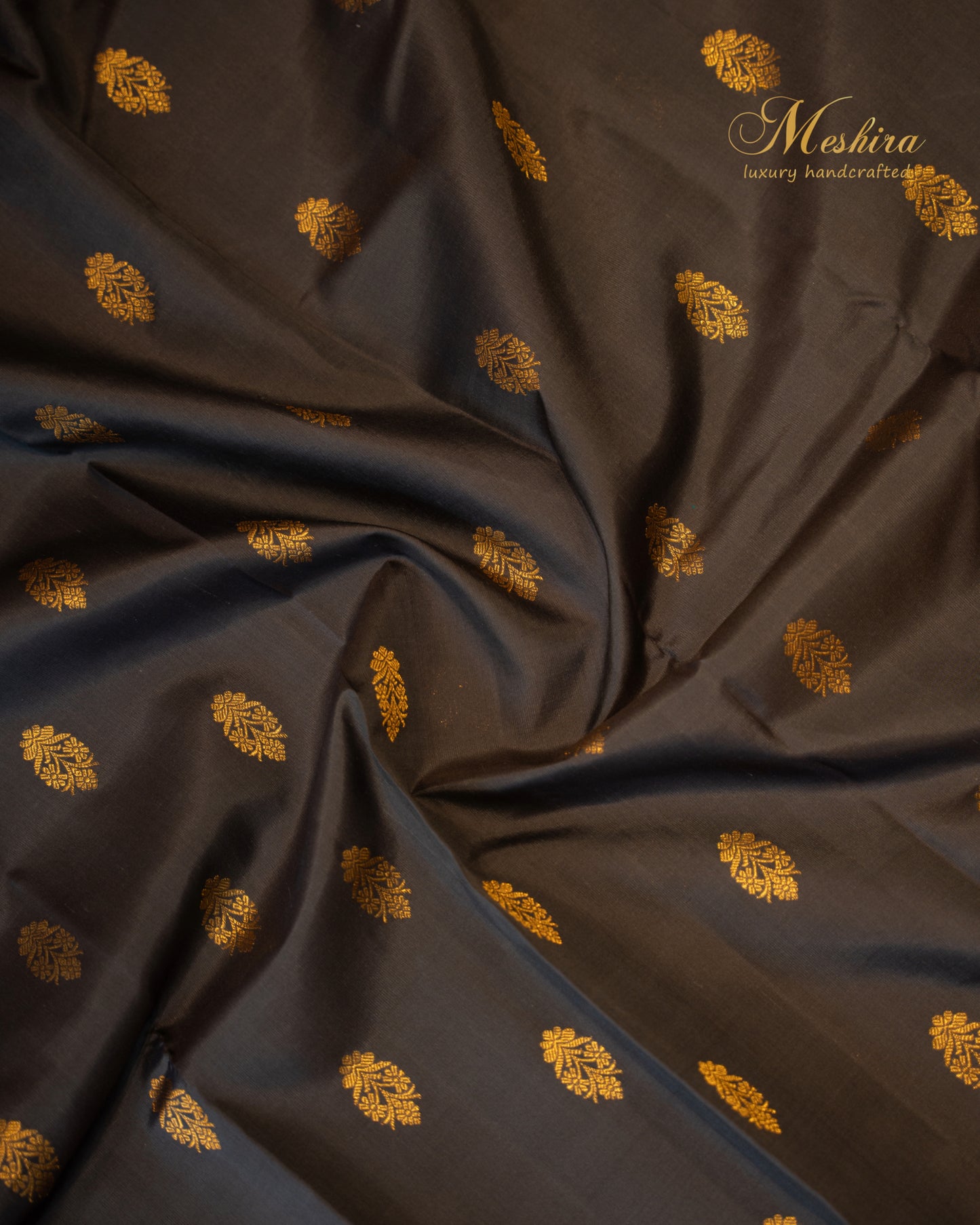 Ebony Black with Coral Orange Kanchivaram Silk Saree