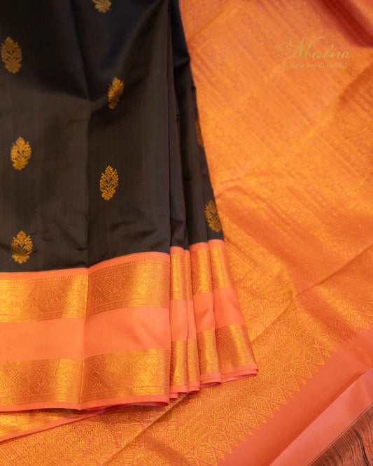 Ebony Black with Coral Orange Kanchivaram Silk Saree
