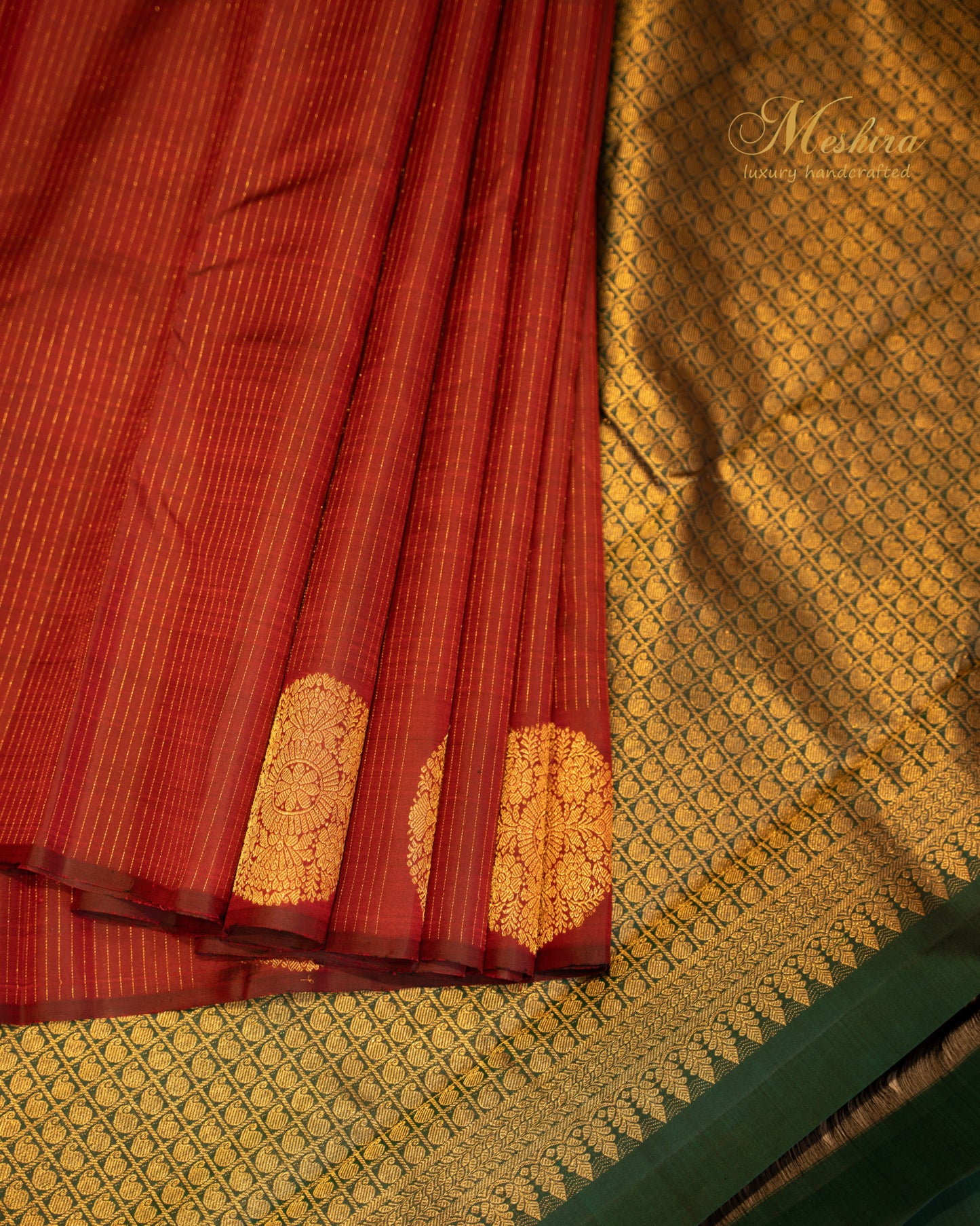 Maroon and bottle green Borderless Silk Saree with Mandala Motif