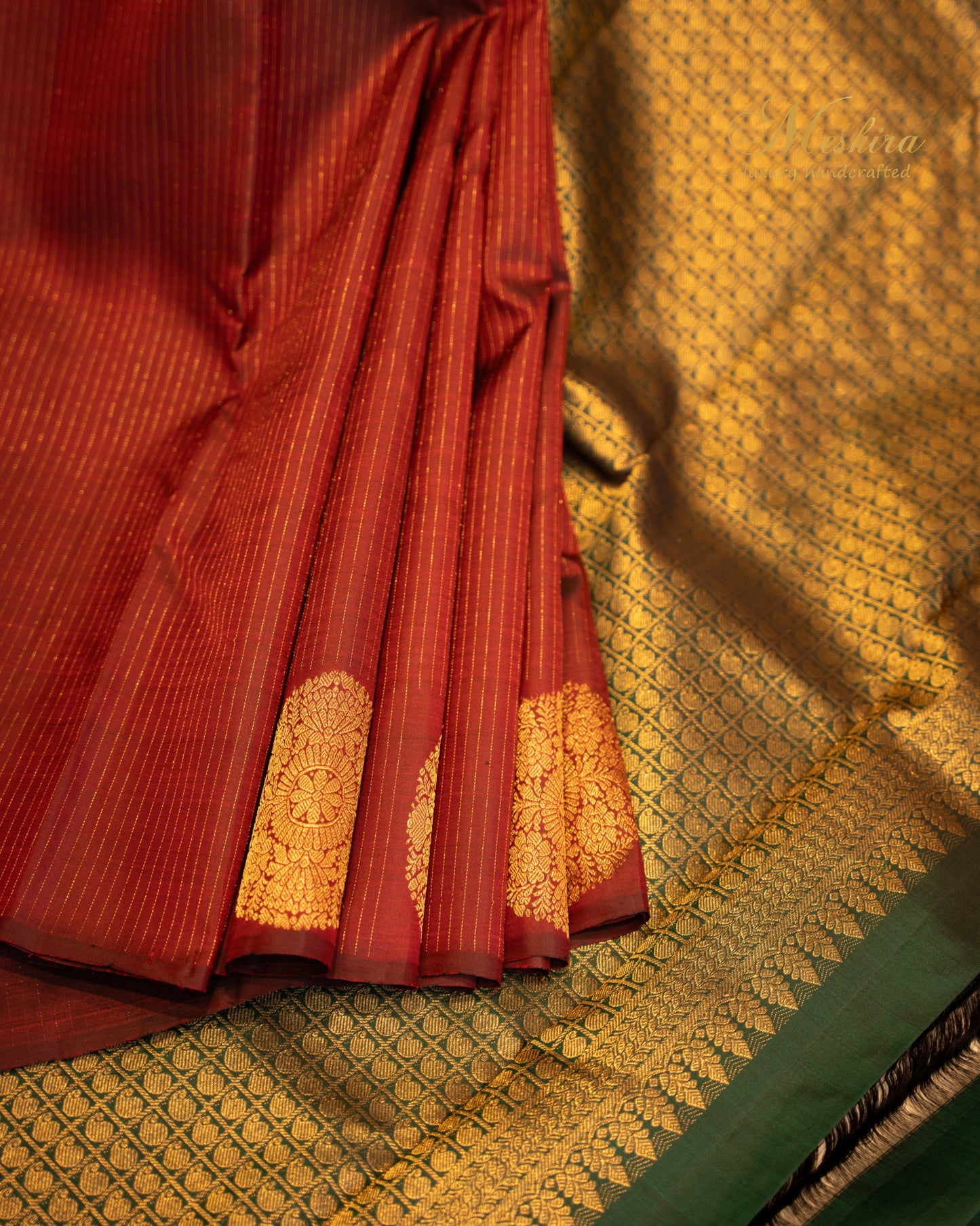 Maroon and bottle green Borderless Silk Saree with Mandala Motif