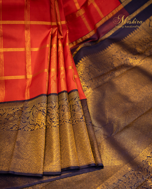 Kanchivaram Silk Saree in Vermilion Red & Midnight Blue