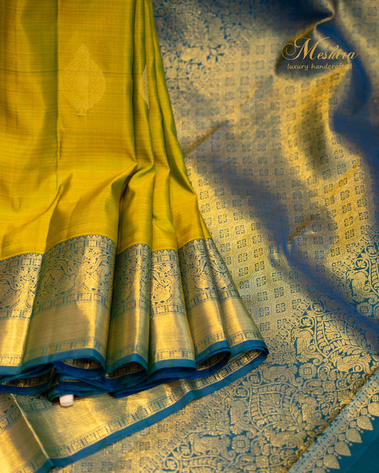 Parrot Green & Teal Blue kanchivaram Silk Saree with Gold Zari Weave