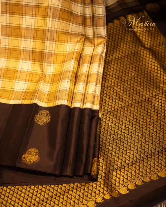Kanchivaram Silk Saree in Mustard Checks & Coffee Brown