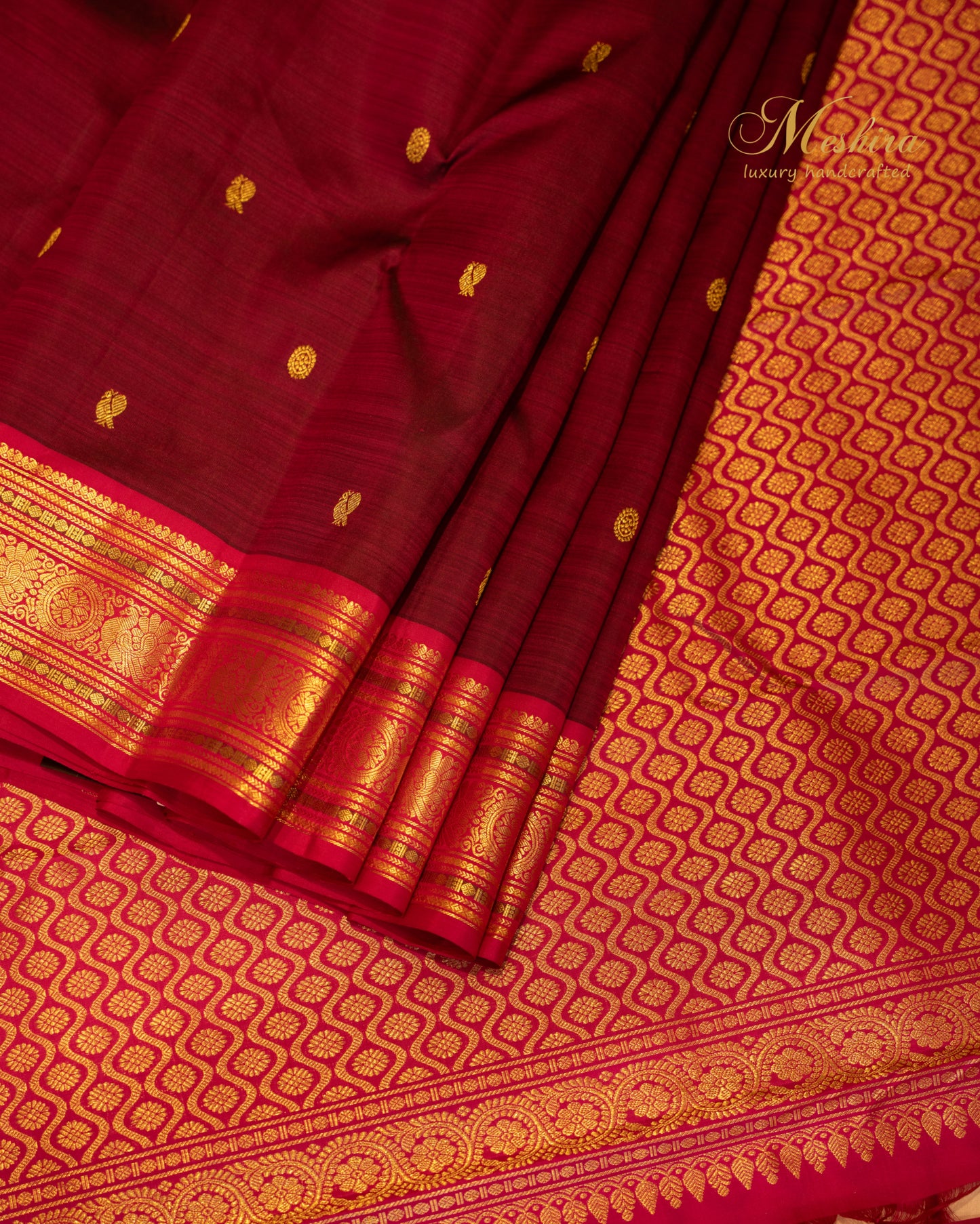 Maroon & Scarlet pink Kanchivaram silk saree with golden buttas
