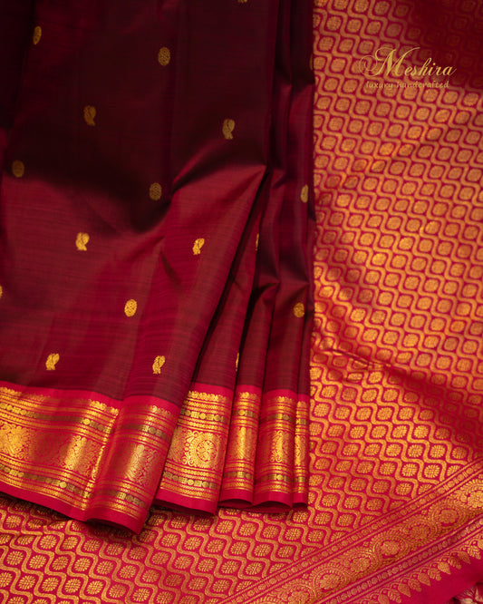 Maroon & Scarlet pink Kanchivaram silk saree with golden buttas