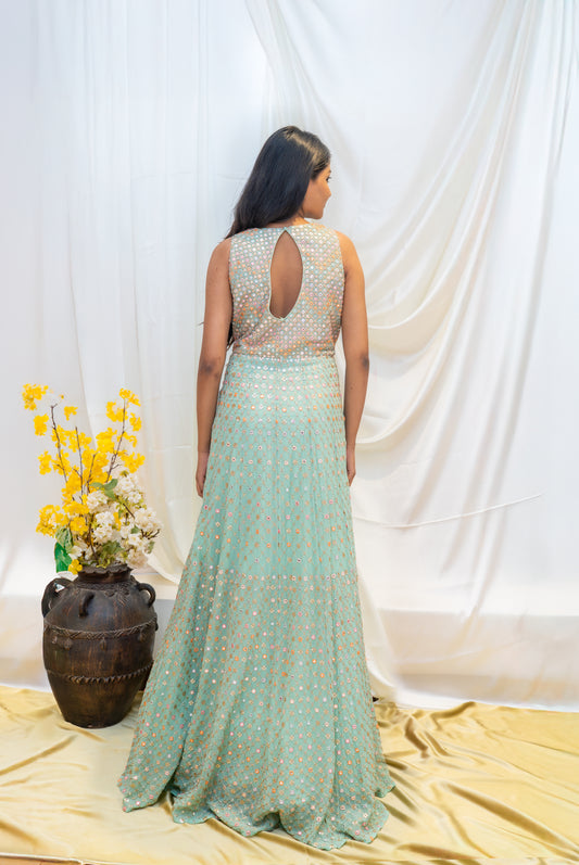 A refreshing mint green gown beautifully embellished with mirror
