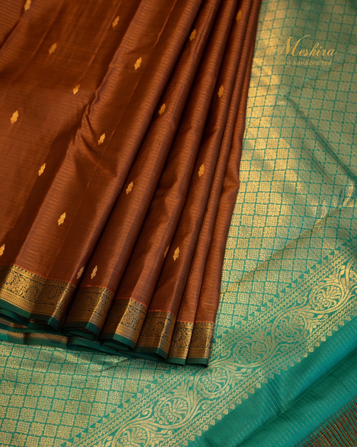 Kanchivaram Silk Saree in Rich Brown body and teal green border