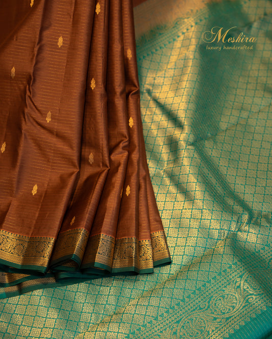 Kanchivaram Silk Saree in Rich Brown body and teal green border
