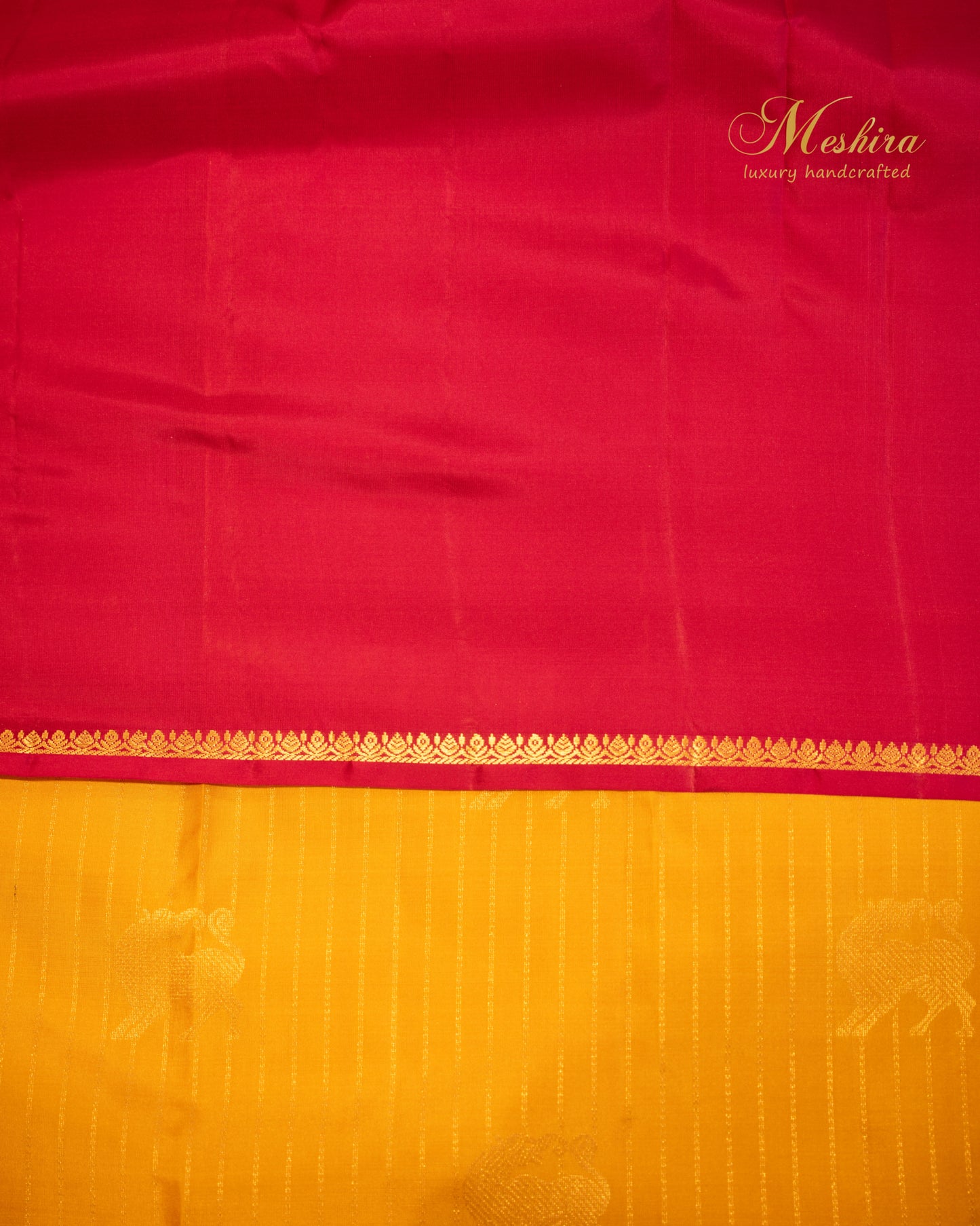 Borderless Kanchivaram Silk Saree in yellow and red with golden zari.