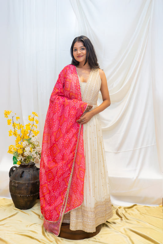 White Gown with pink Shawl