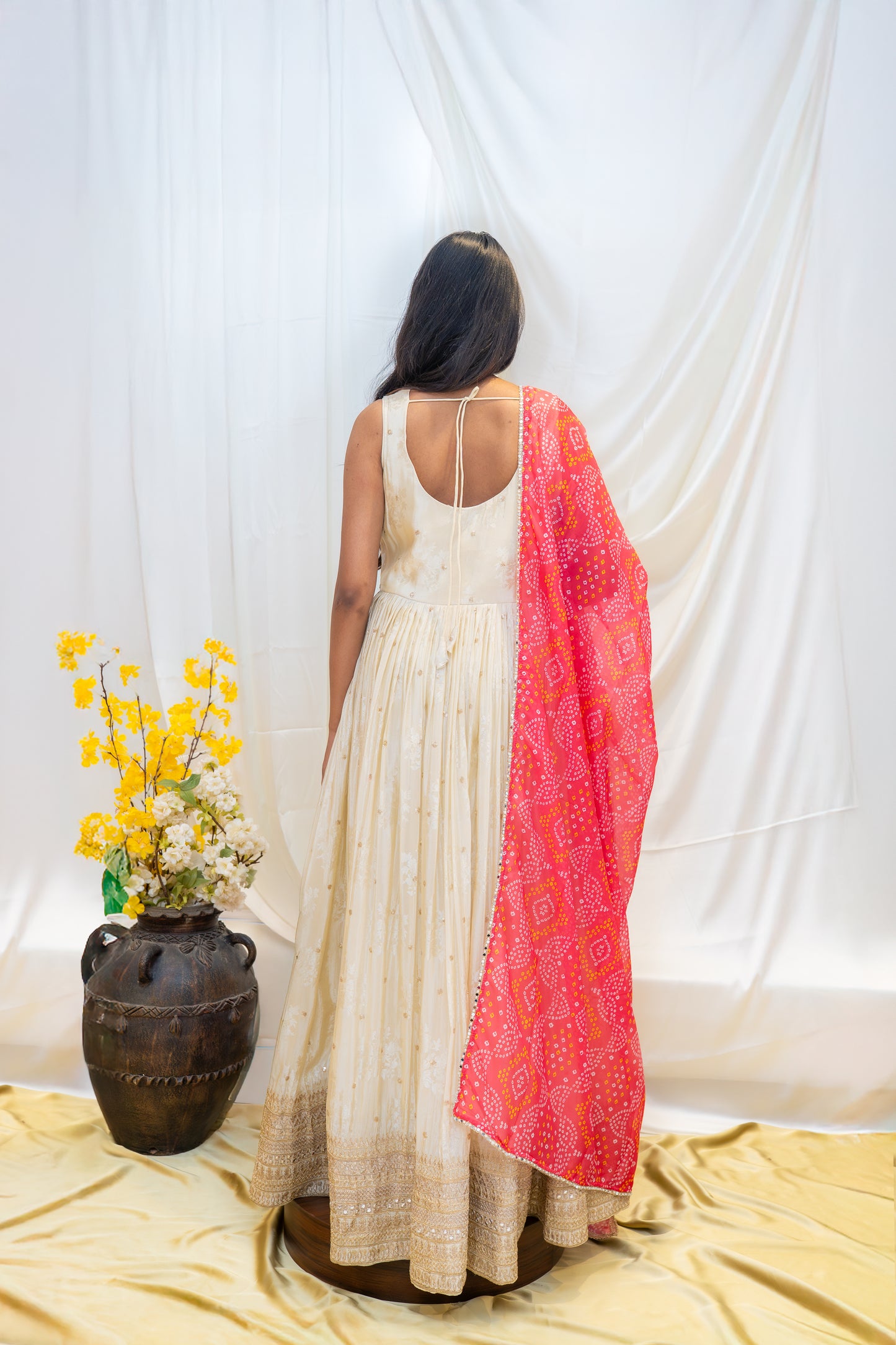 White Gown with pink Shawl