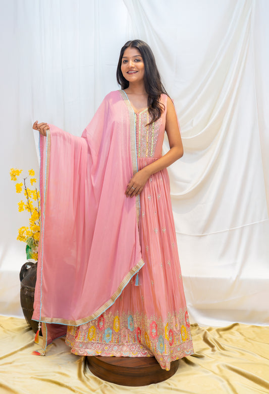 Pink Embroidered Gown with Shawl