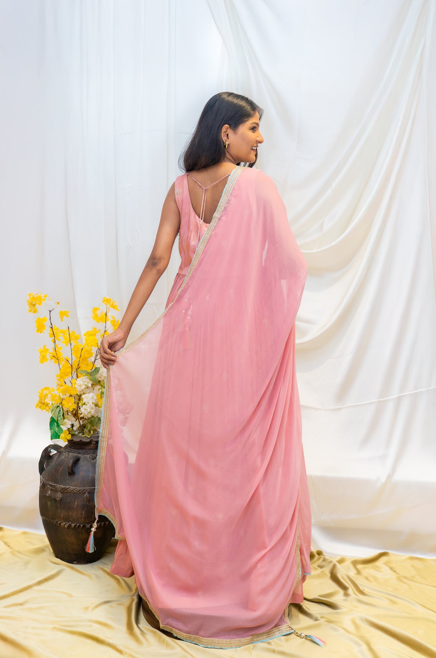 Pink Embroidered Gown with Shawl