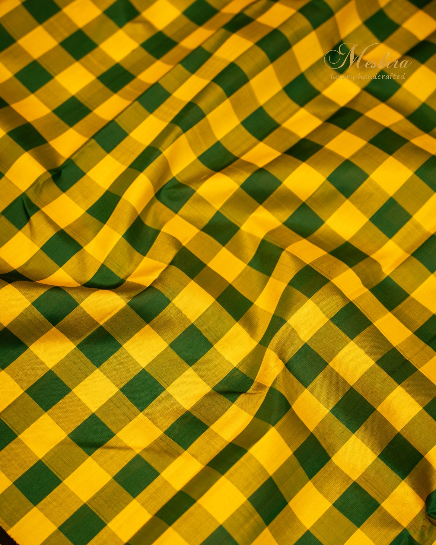 Checked Kanchivaram Silk Saree in Sunshine Yellow & Bottle Green