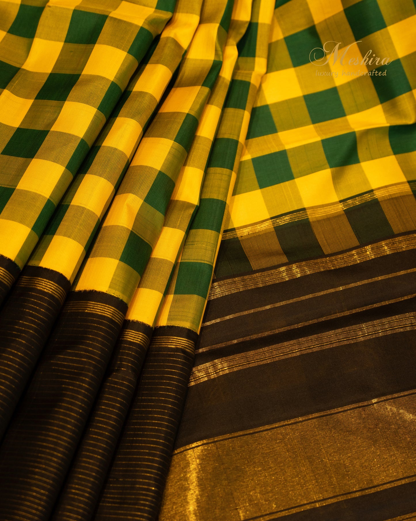 Checked Kanchivaram Silk Saree in Sunshine Yellow & Bottle Green