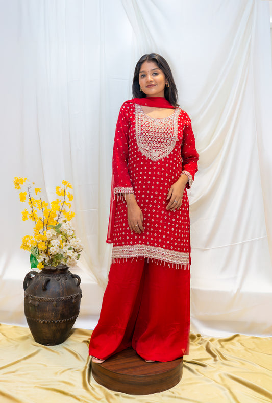 Red Mirror Work Palazzo Suit with Embroidered Dupatta