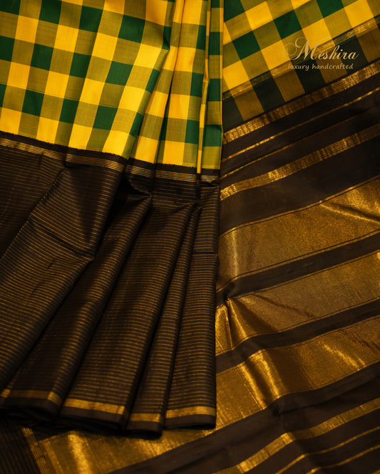 Checked Kanchivaram Silk Saree in Sunshine Yellow & Bottle Green
