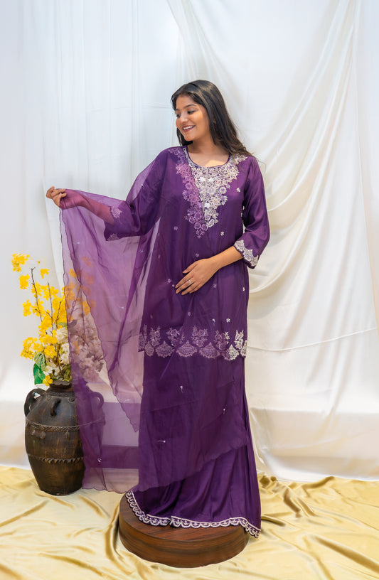 Purple Embroidered Sharara Set