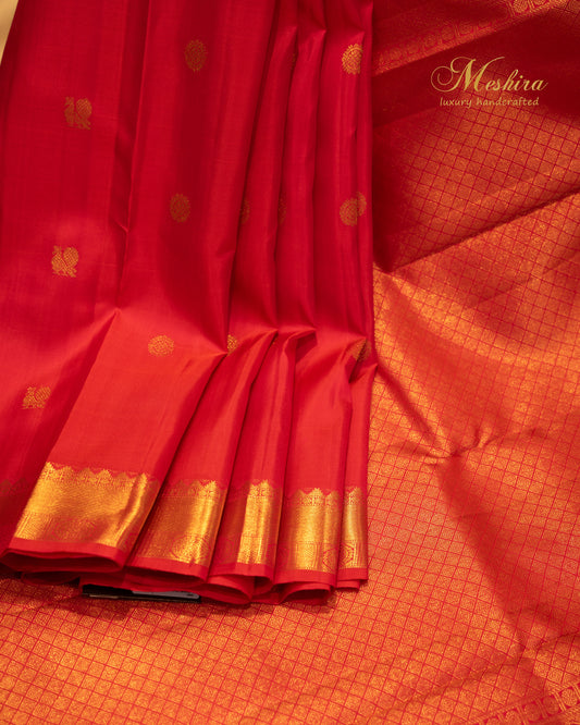 Classic Red Kanchivaram silk saree with golden zari buttas