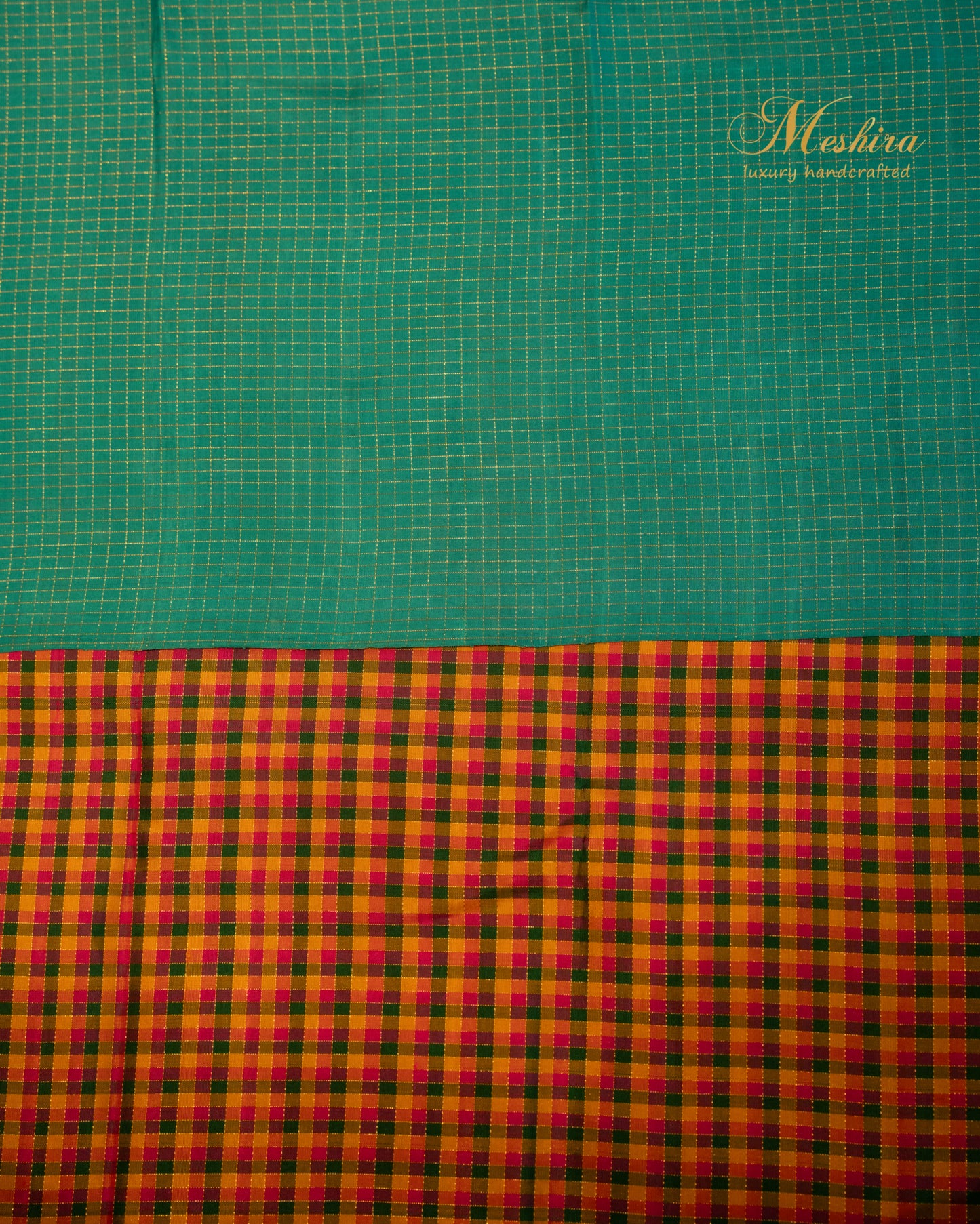 Multicolour Checked Kanchivaram silk saree with Teal Blue Pallu