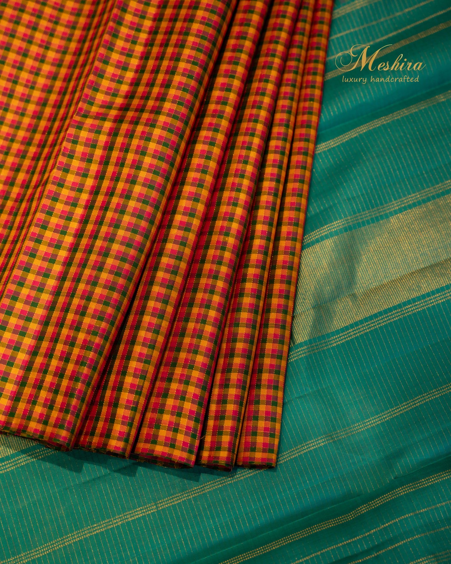 Multicolour Checked Kanchivaram silk saree with Teal Blue Pallu