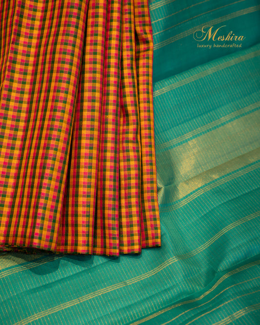 Multicolour Checked Kanchivaram silk saree with Teal Blue Pallu