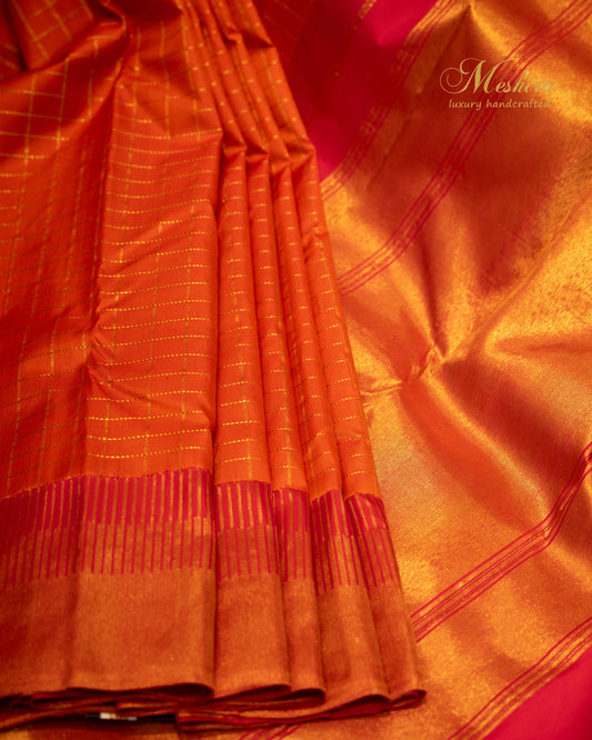 Flame Orange & Rani Pink Kanchivaram Silk Saree